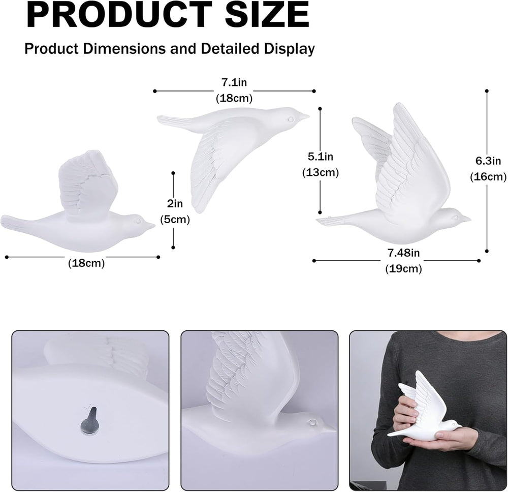 suruim 3D Birds Wall Decor Set of 3 Resin Wall Sculpture (White)