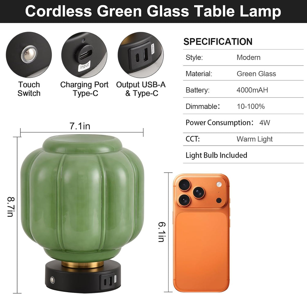 Rechargeable Table Lamp, Cordless Green Glass Bedside Lamp Small