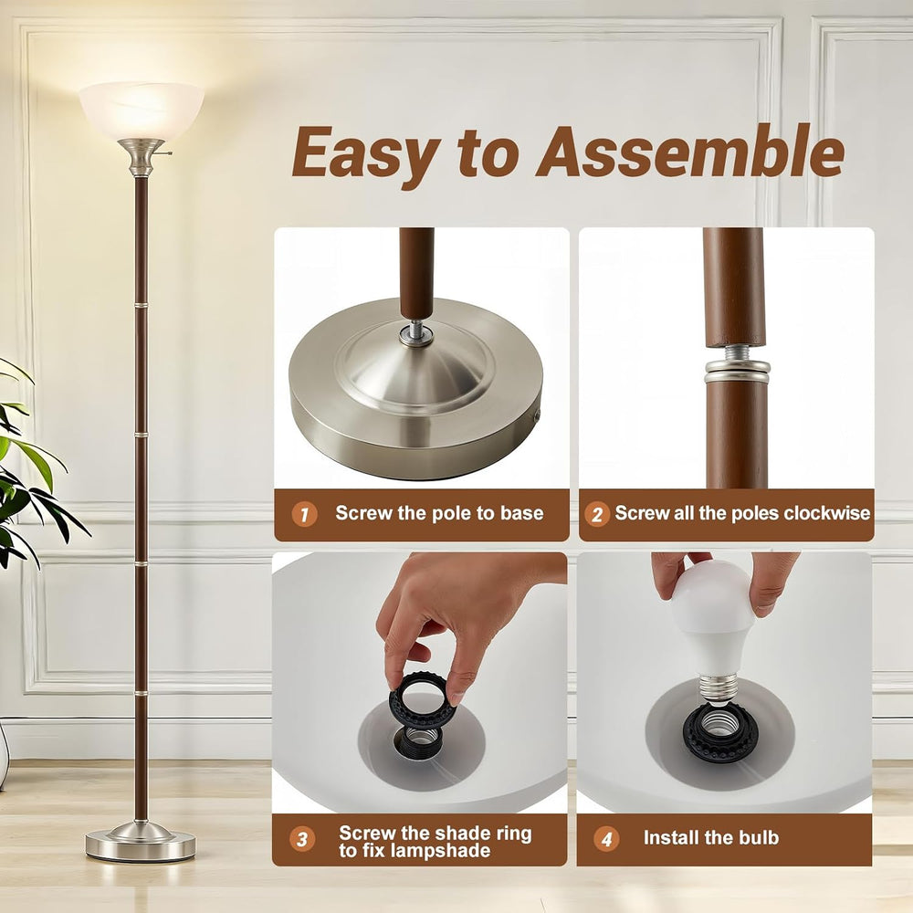 EJIAXIN 72" Wood Torchiere Floor Lamp with Glass Shade Walnut Standing Lamp