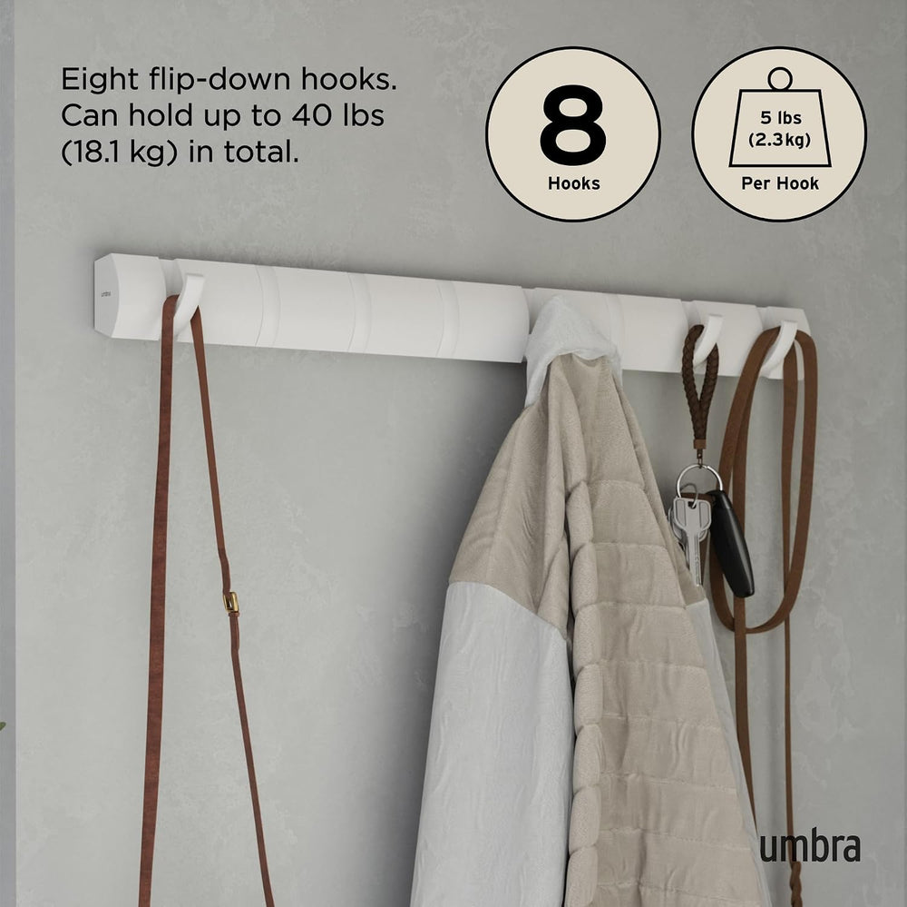 Umbra Flip Coat Rack, Wall Mount 8-Hook, Space Saving, White/Nickel