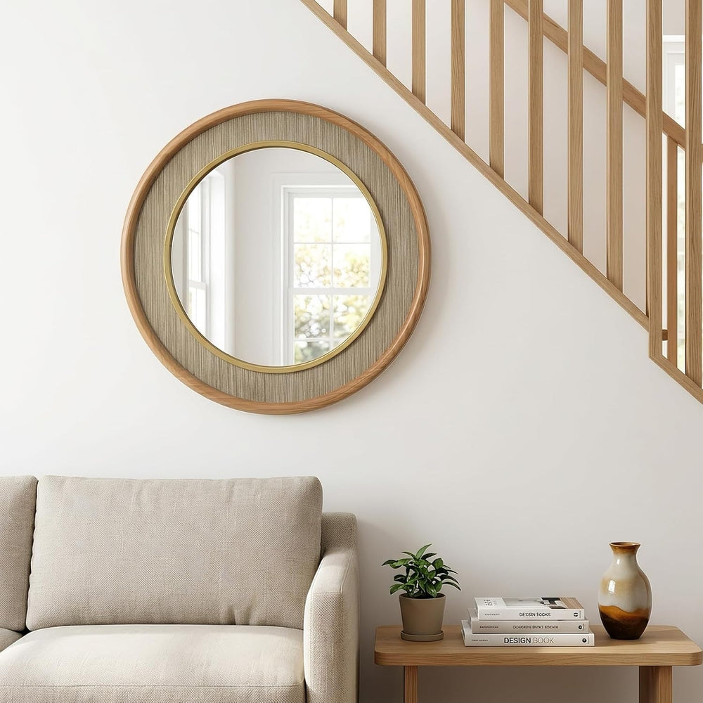 sawsile Round Wood Mirror 24" Natural Circle Bathroom Wall Mirrors