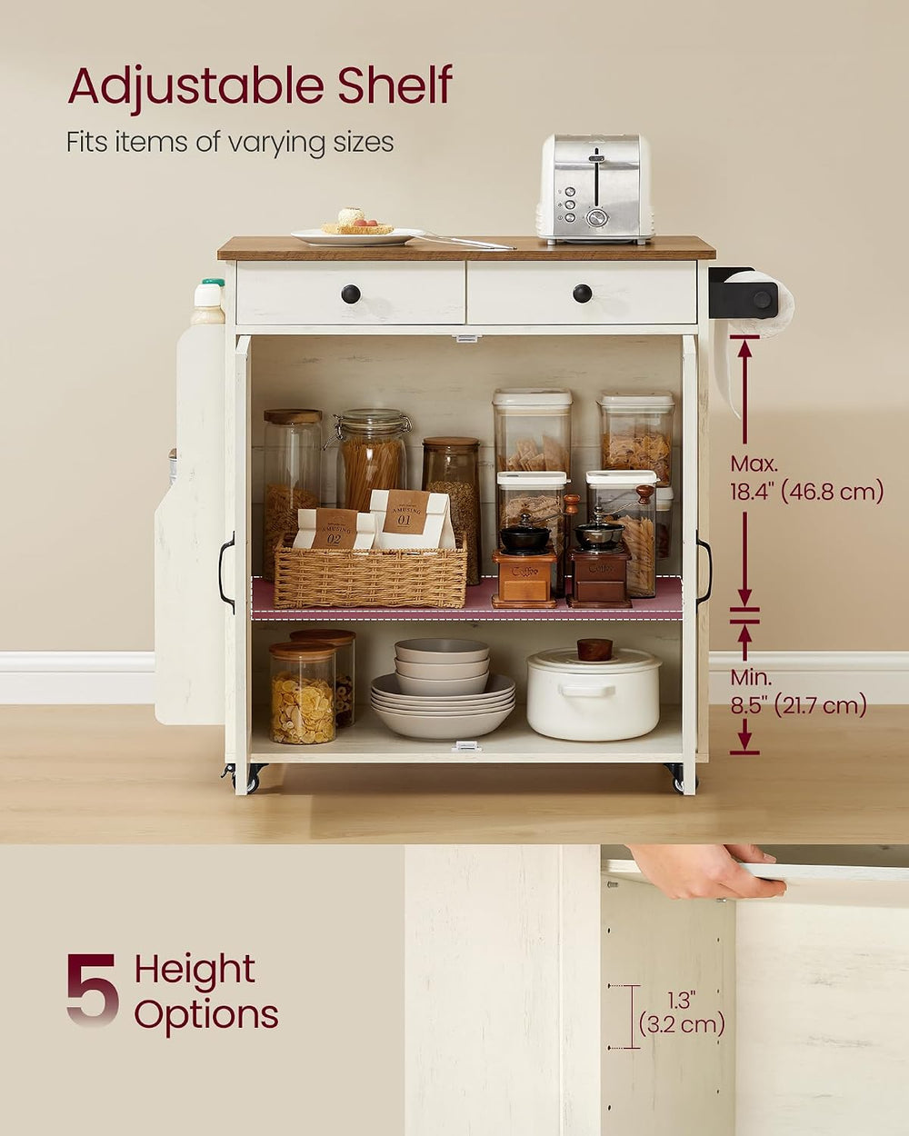VASAGLE Mobile Kitchen Island with 2 Doors, 2 Drawers