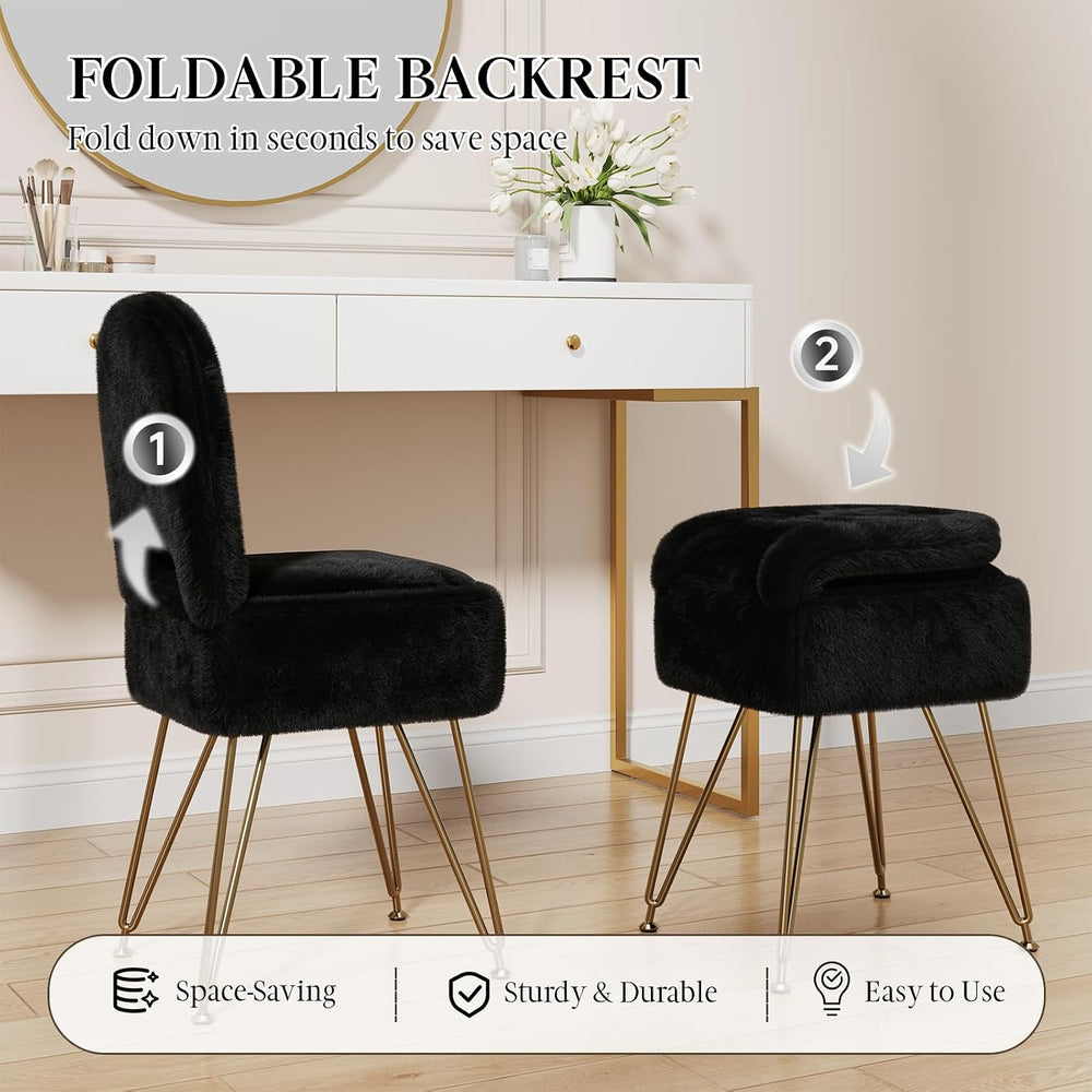 Black Faux Fur Vanity Chair with Storage and Foldable Backrest