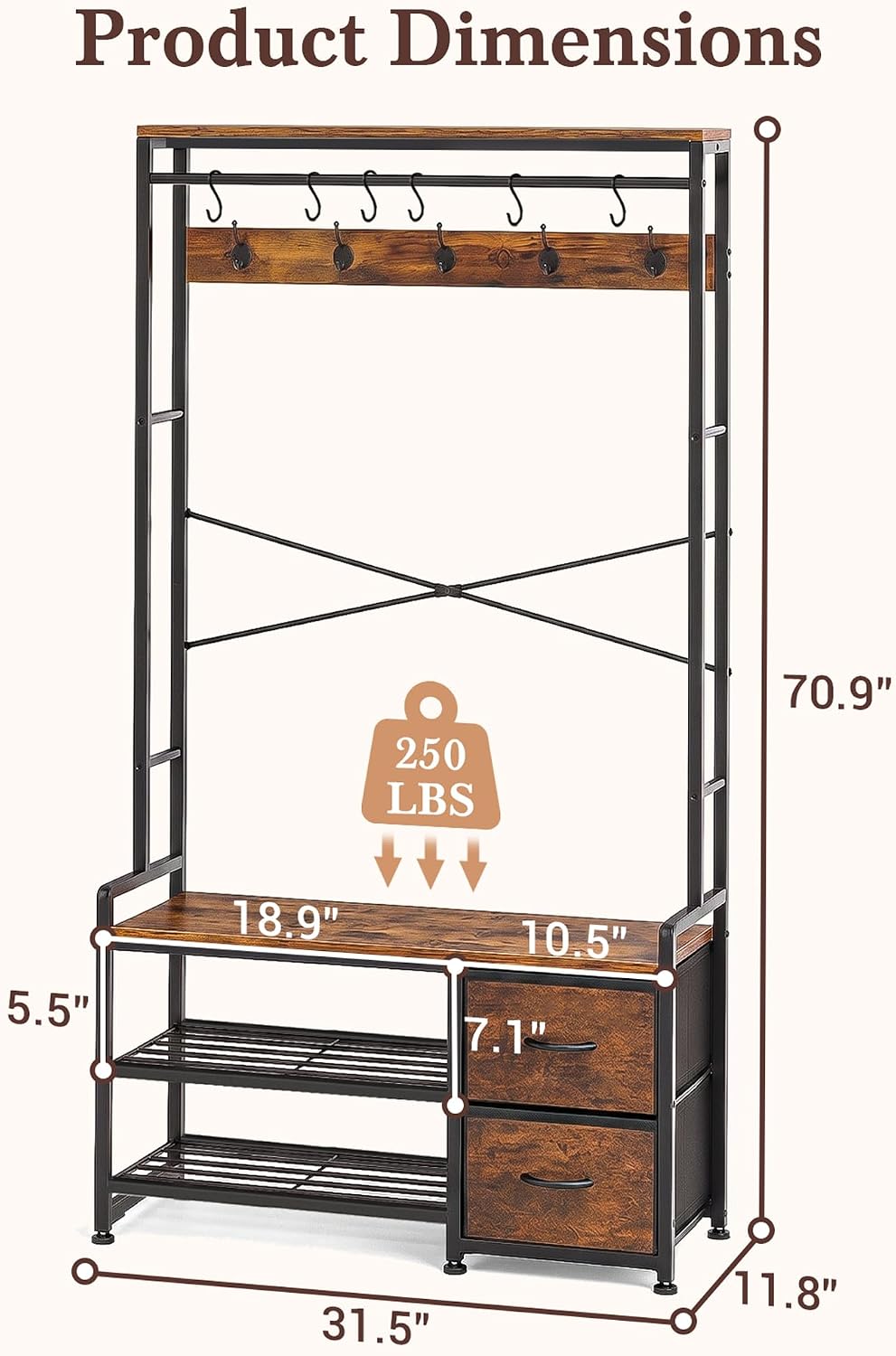 Faesun Hall Tree with Bench and Shoe Storage, Rustic Brown