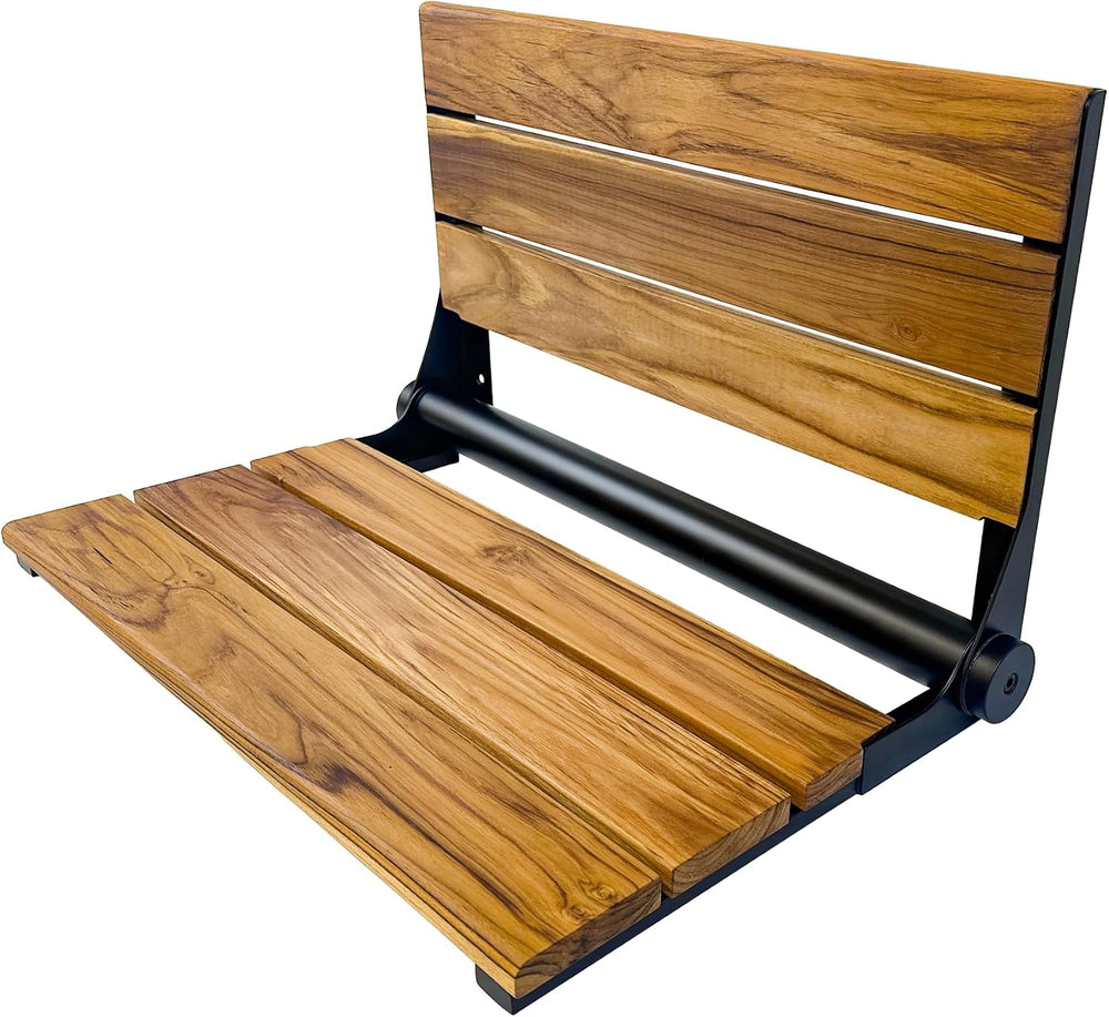 Teak Shower Seat Bench with Back, Matte Black, 300 lb, 24 in