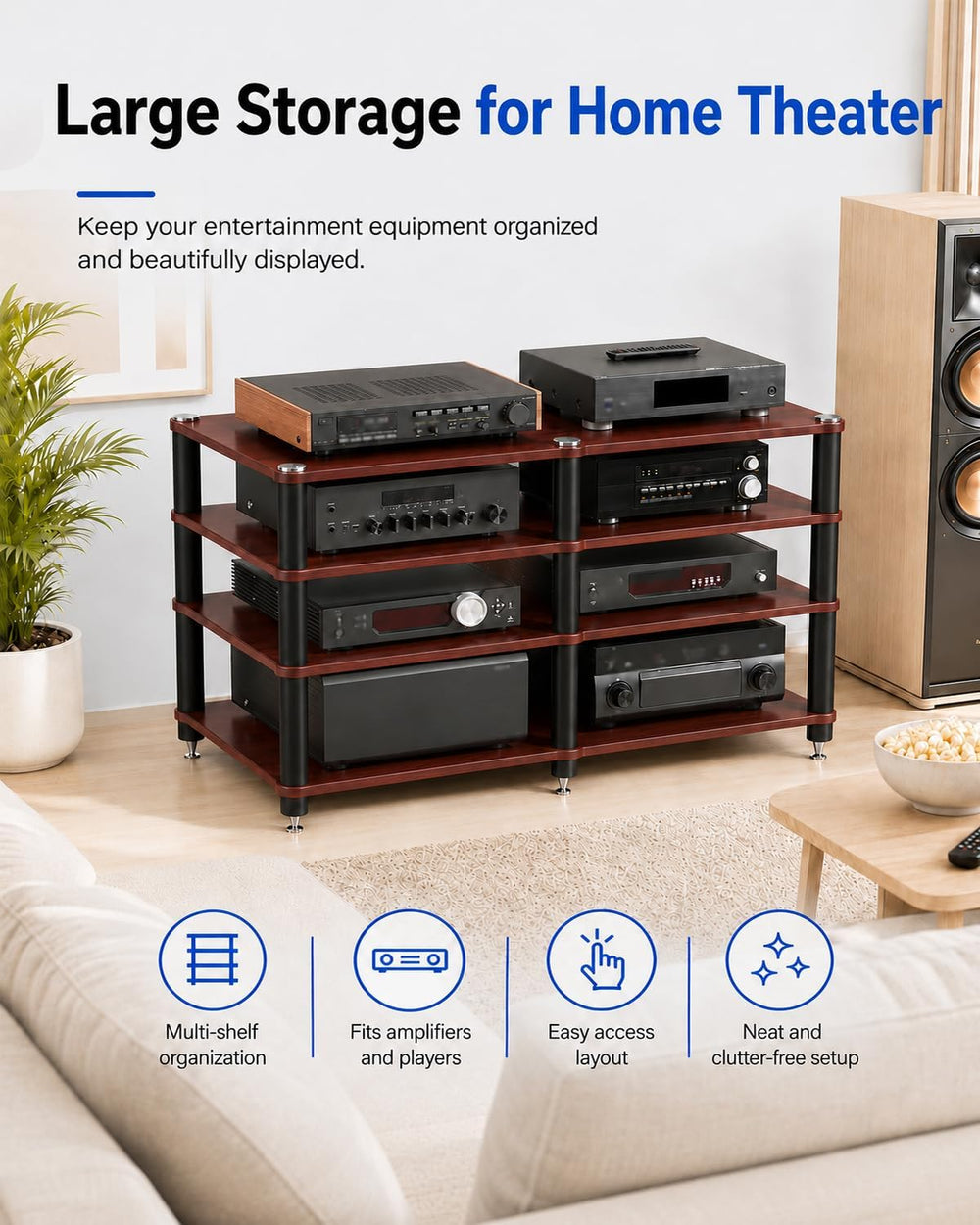 4 Tier Heavy Duty AV Media Stand, Stereo Stands and Racks, Teak