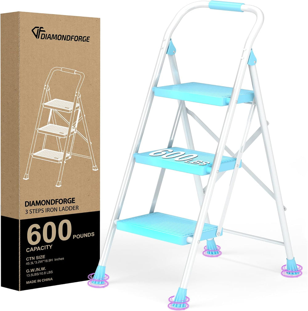 Step Ladder Foldable Folding Stool - for Home Adults Kitchen 3 Stepping Exten...