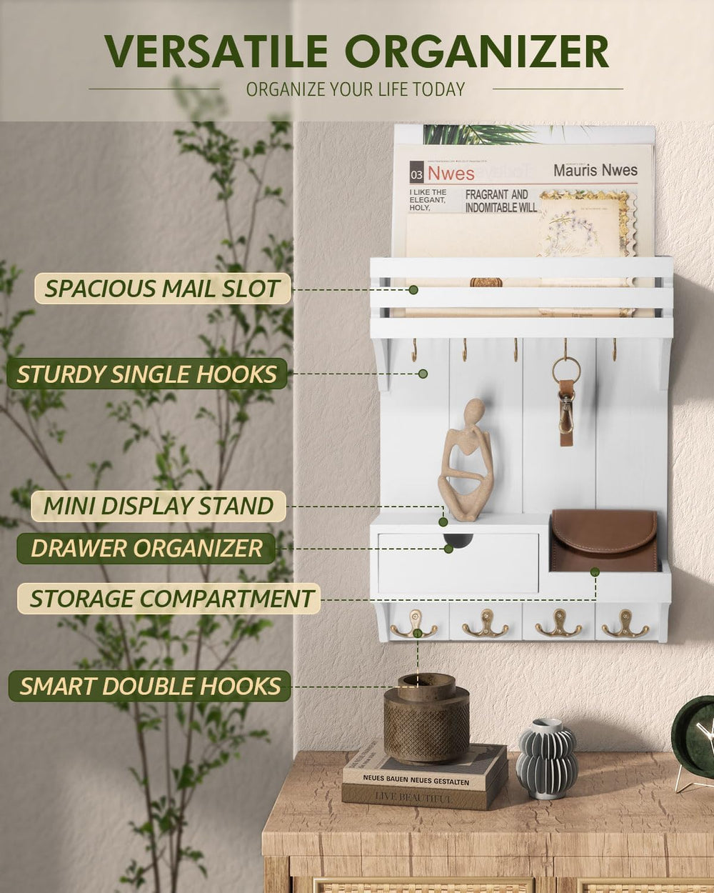 Rebee Vision Key Holder Wall Mount with Drawer & Shelf for Entryway, White