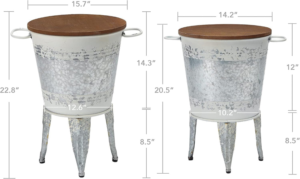RUSTOWN Farmhouse Side Tables Set of 2, Galvanized Metal Bucket End Table