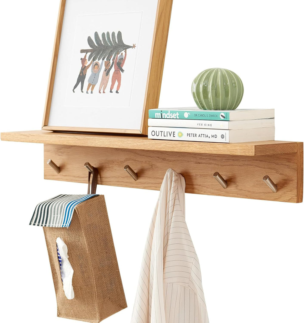 Wall Hooks with Shelf Oak Wood Coat Rack Shelf Wall Mounted, Entryway Shelves...