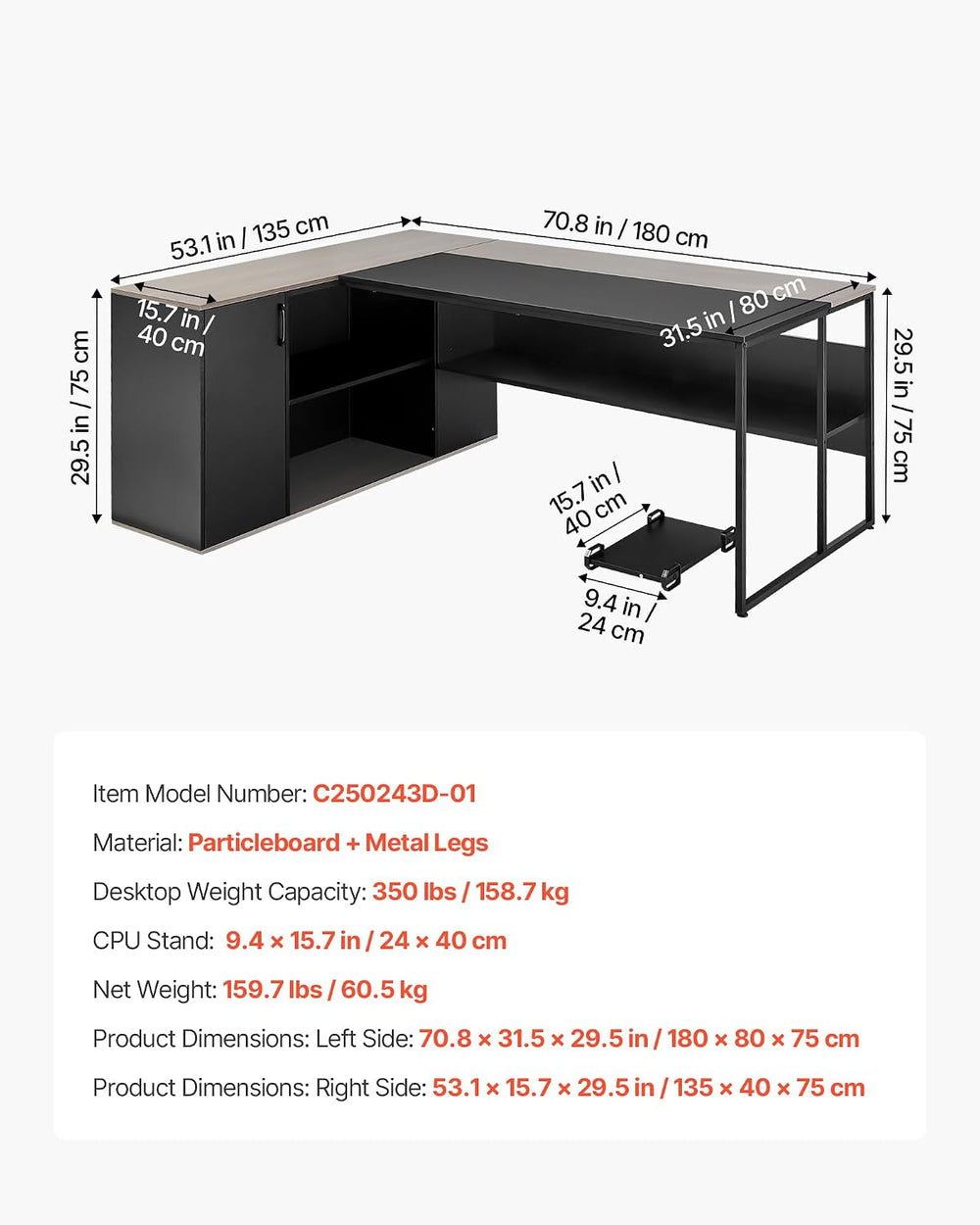 VEVOR 71" L-Shaped Executive Desk, Large Computer Desk with Drawers, Fil...
