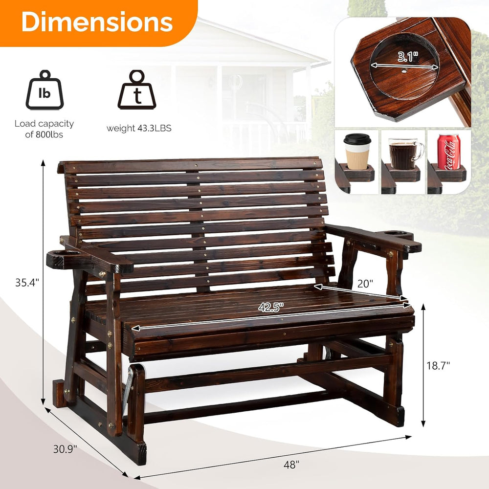 VINGLI Outdoor Glider Wood Patio Chair with Cup Holders, Outdoor Bench Glider...