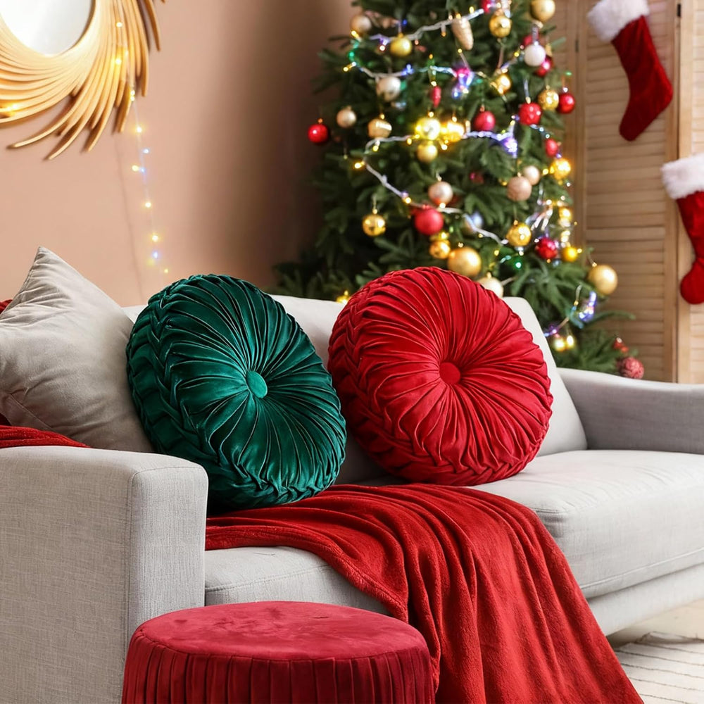 Beeveer 2 Pcs Round Throw Pillows Velvet Pleated Pillows, Red and Green