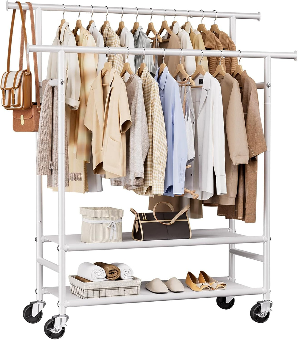 HYSEYY Clothes Rack,Double Rods Rolling Clothing Rack for Hanging Clothes,Por...