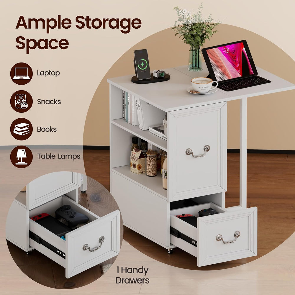 Dystler Rolling Side Table on Wheels, with Drawers & LED Lights Charging