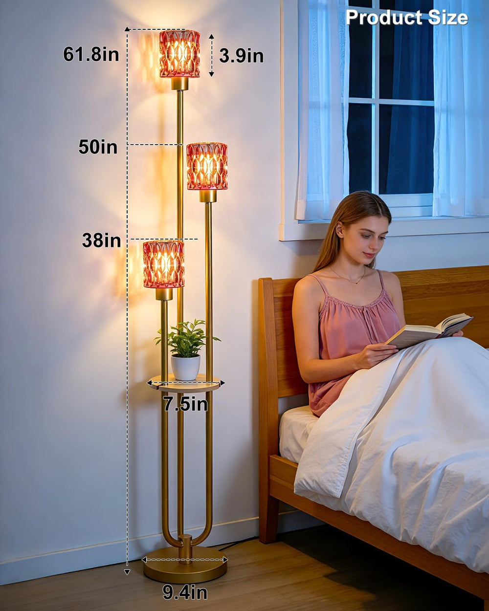 62IN Gold Floor Lamp with Deep Red Glass Shade 3-Lights Mid-Century Modern Fa...