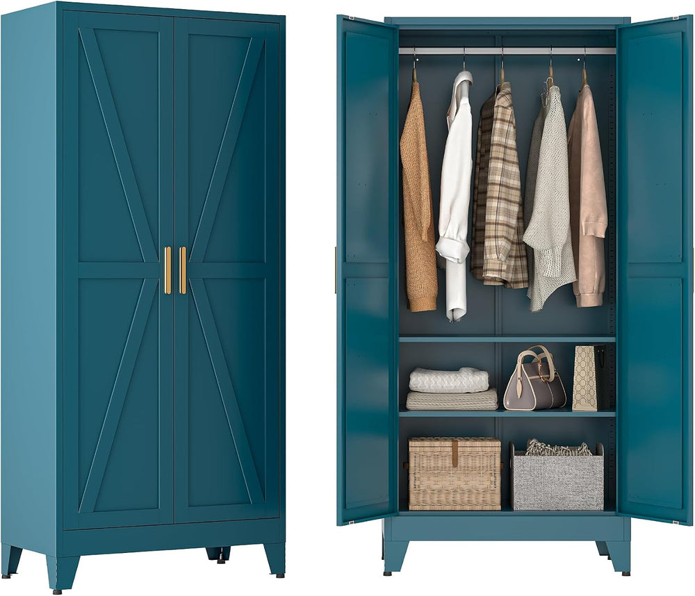 Metal Wardrobe Closet with Doors and Shelves, 71" Farmhouse Bedroom Armo...