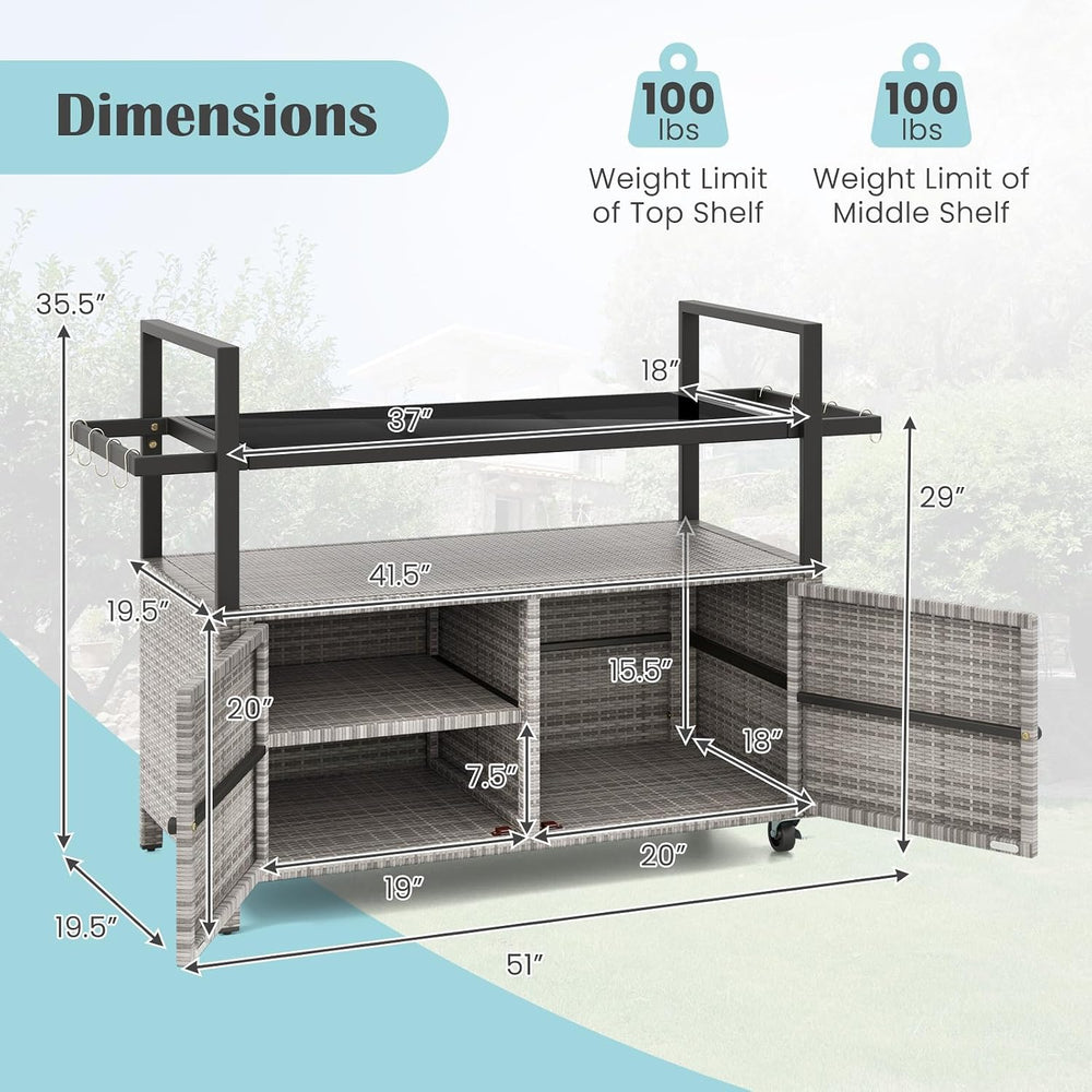 Tangkula Wicker Rolling Outdoor Bar Cart with Tempered Glass Table, Gray