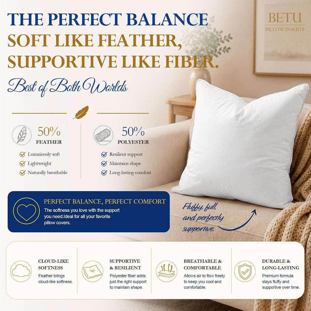 BETU 16x16 Pillow Inserts,Set of 2 Feather Down Throw Pillows for Couch Bed