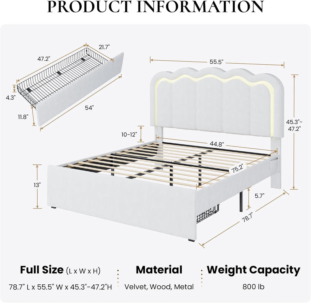 SHA CERLIN Full Size Bed Frame with LED Lights and Storage Drawer, White