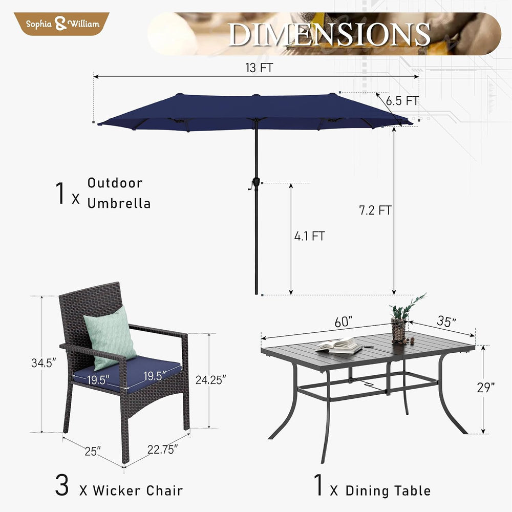 Sophia & William 7pc Patio Dining Set with Navy Umbrella, 6 Rattan Chairs