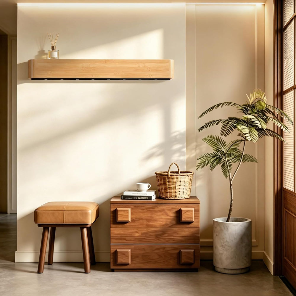 33" Bamboo Coat Rack Wall Mount, 8 Hidden Hooks, Family, Natural