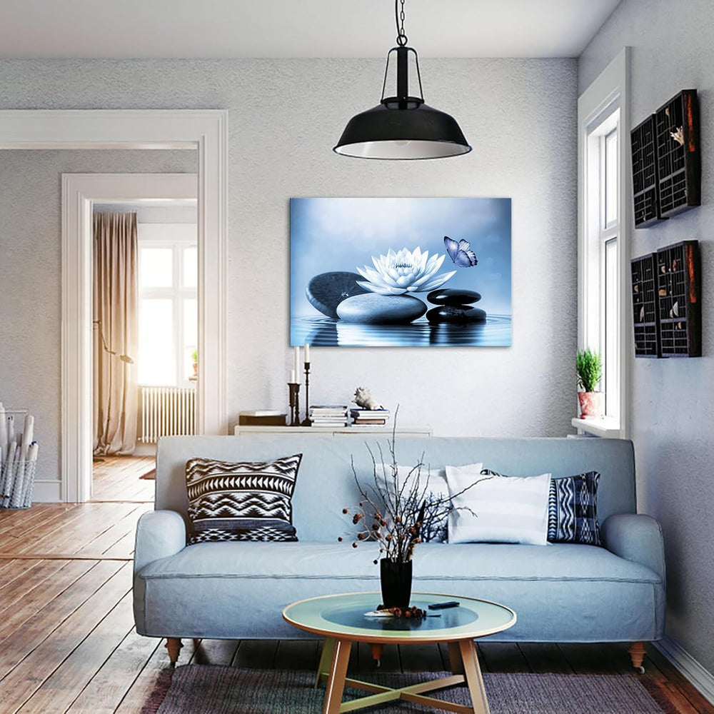 VANSEEING Zen Canvas Wall Art Blue Lotus Flowers Stones Butterfly on Water Li...