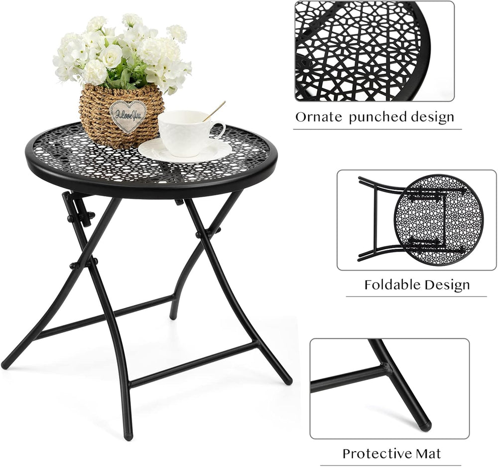 TeoKJ Folding Small Outdoor Side Table, No Assembly Patio Metal Desk, Black
