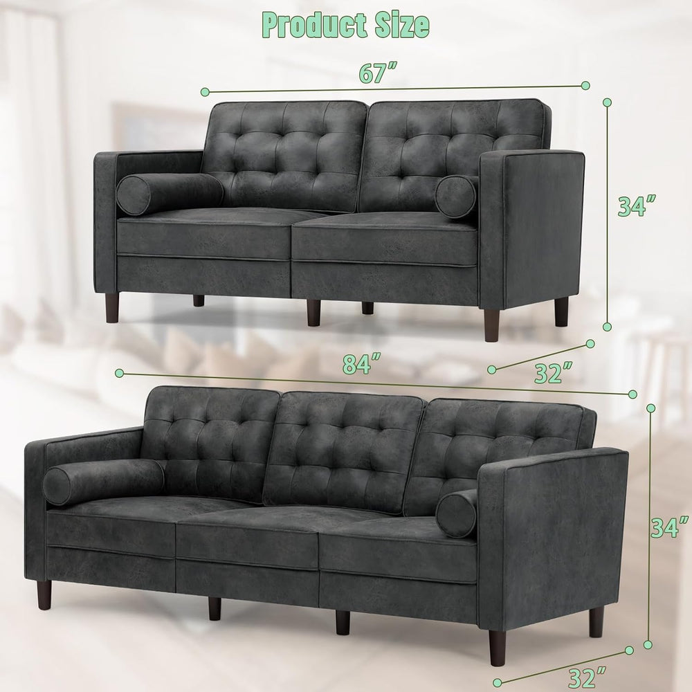 Suede Leather Upholstered Sofa Set with Tufted Backrests, Grey