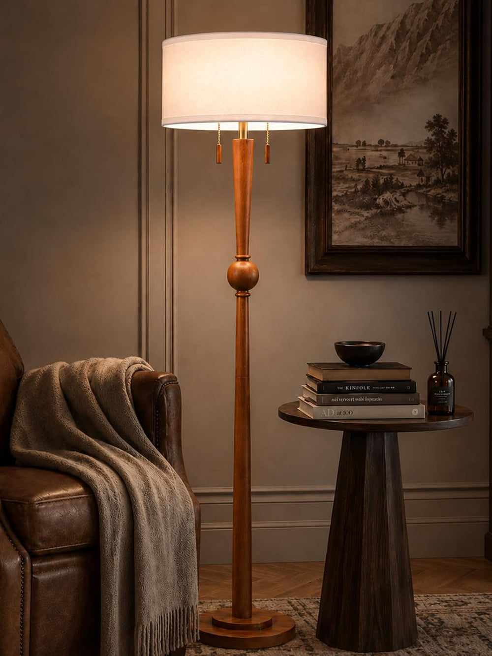 MOFFE Solid Wood Floor Lamp for Living Room,Pull Chains Standing Lamp