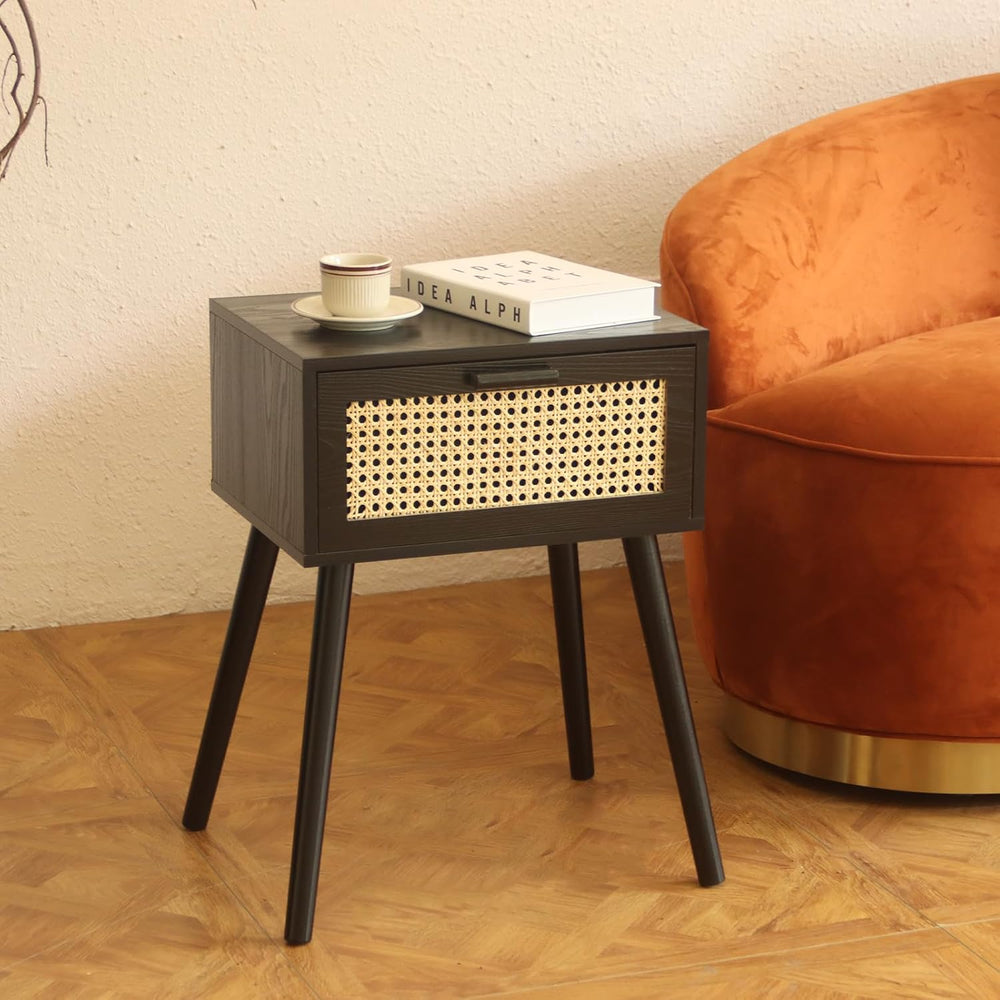 AWASEN Mid Century Modern Nightstand, Rattan Black Side Table with Drawer