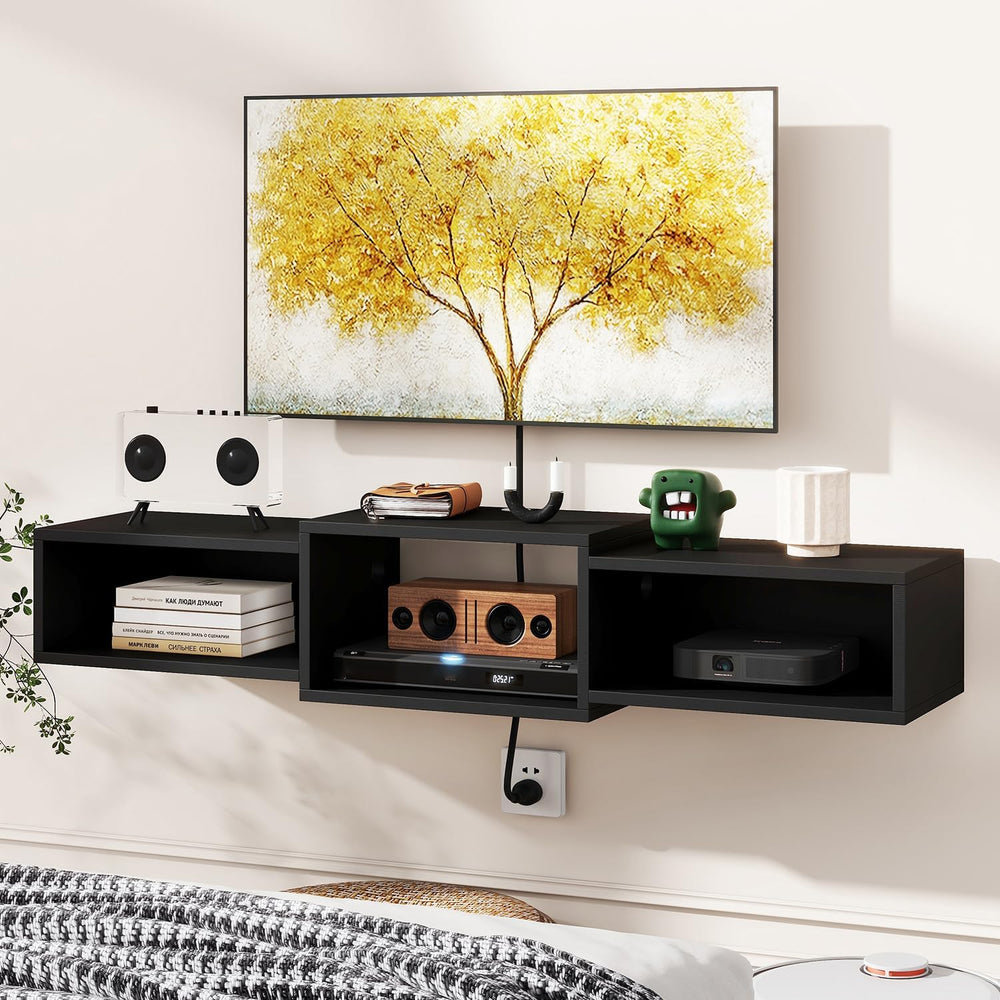 IBUYKE Floating TV Stand Wall Mounted with Power Outlet,Modern Wood Wall Moun...