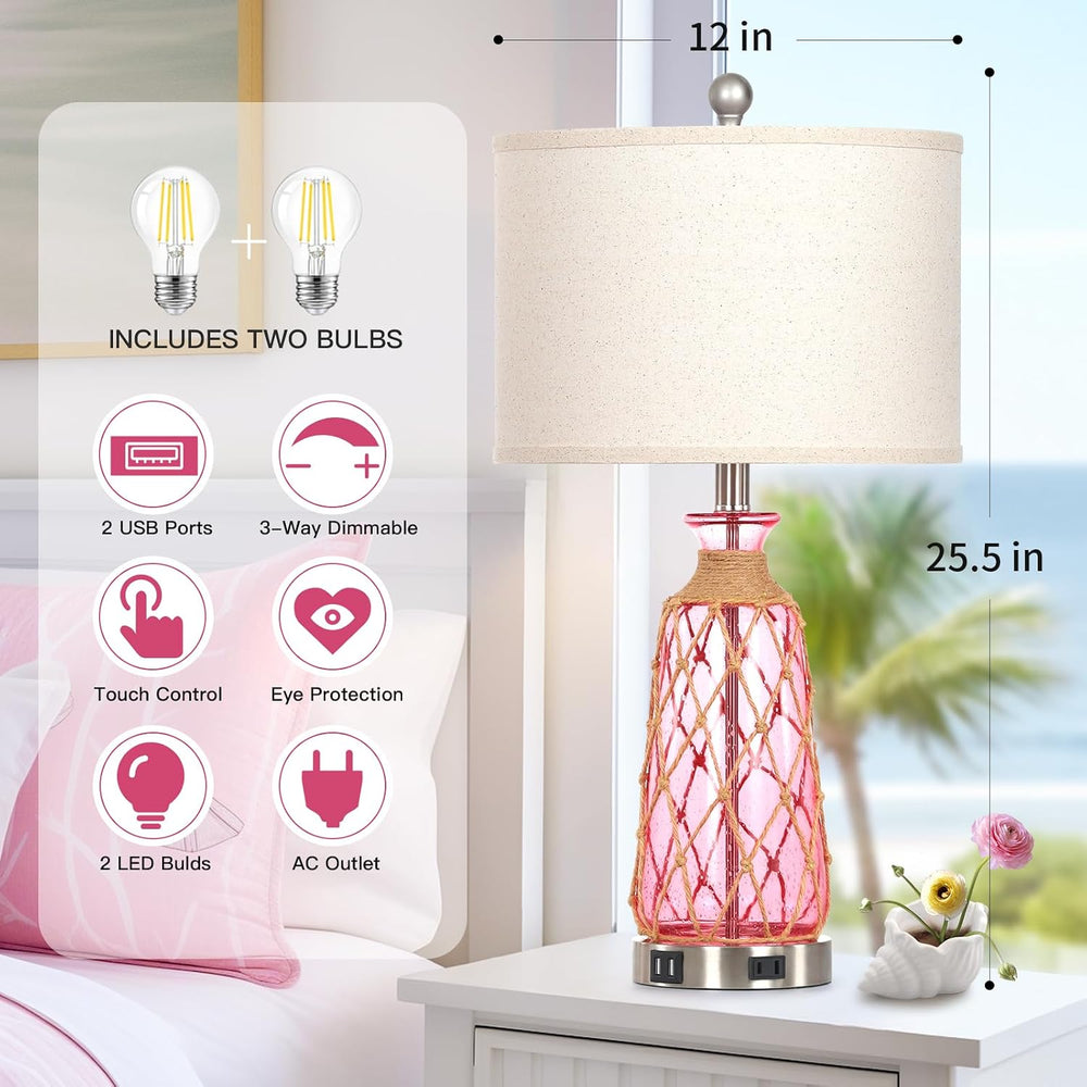 Ruzectt 25.5" Coastal Glass Table Lamps Set of 2, 3-Way Dimmable Touch C...