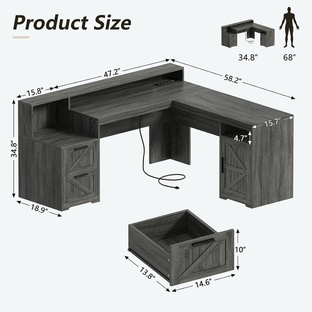 63" Farmhouse L Shaped Desk with Drawers & Printer Shelf for Home Of...
