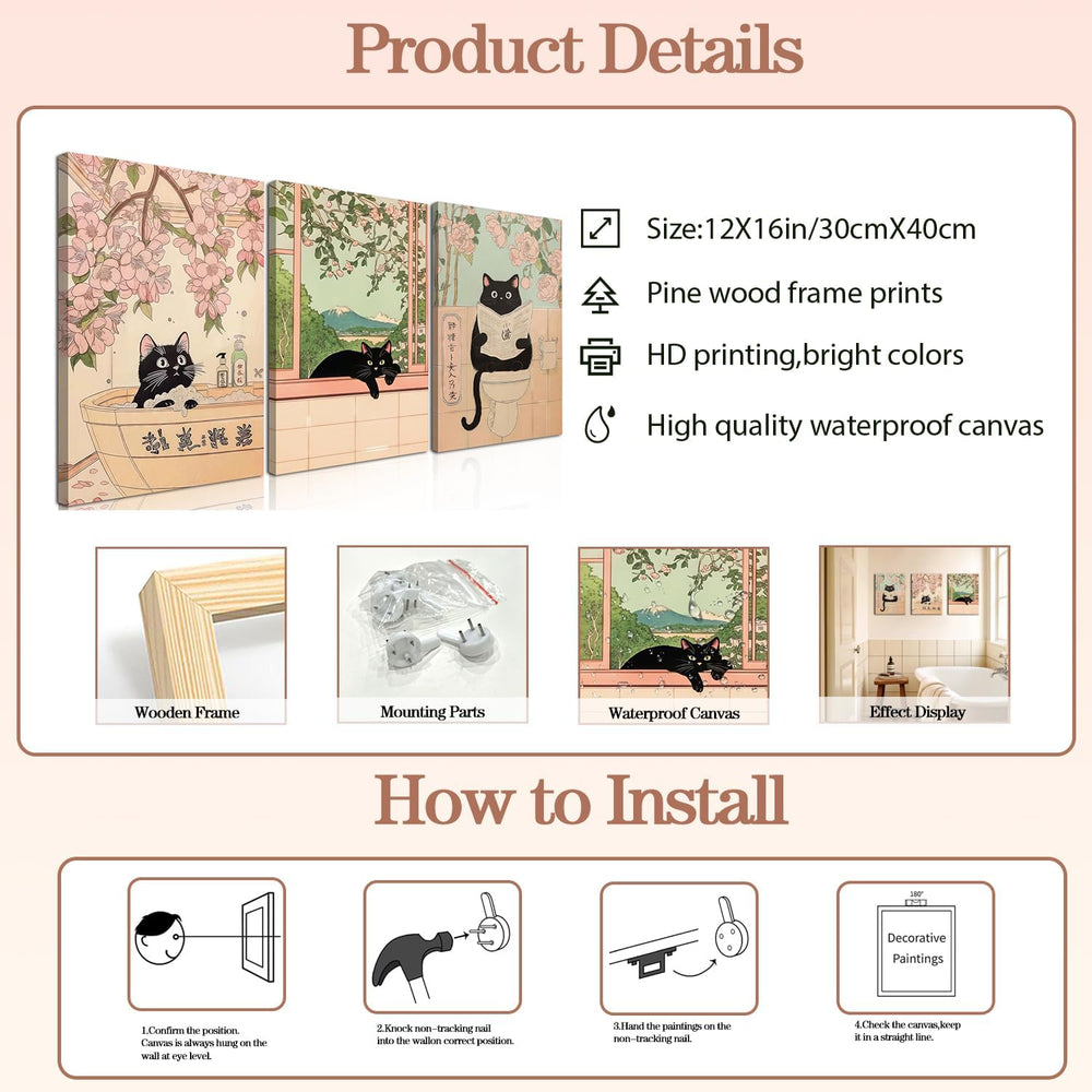 Japanese Bathroom Wall Art Set of 3, Cute Black Cat Bathtub Wall Decor, Funny...
