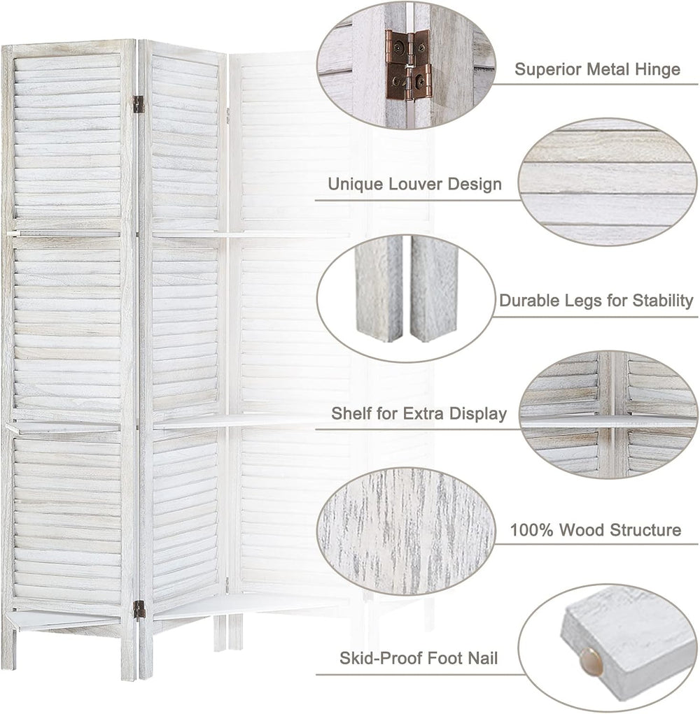Room Divider with Shelves,4 Panel Distressed White