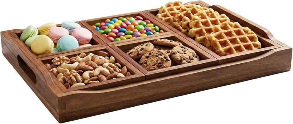 Acacia Wood Serving Tray with Handles for Ottoman Coffee Table