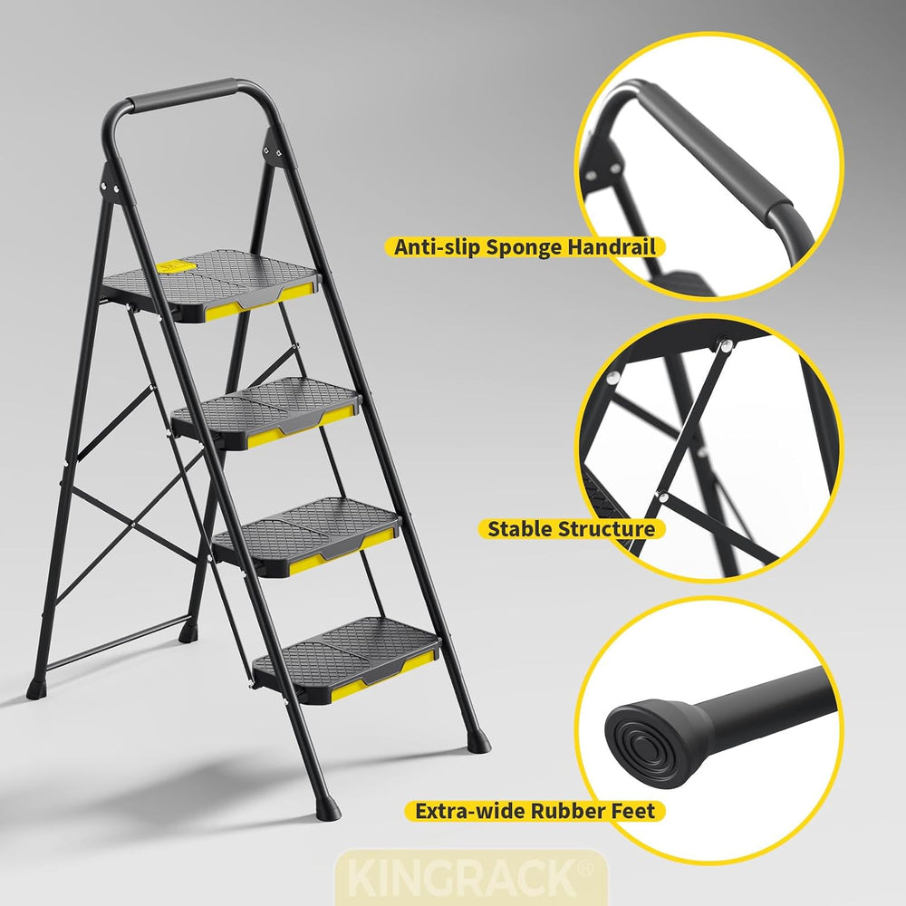 KINGRACK 4 Step Ladder, Steel Step Stool with Safe-Lock, Load 800lbs, Black