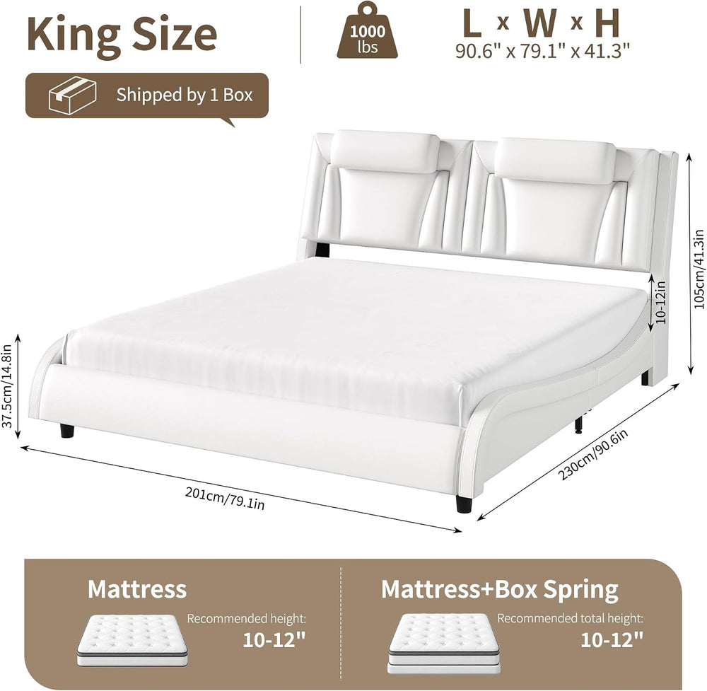 Keyluv King LED Upholstered Bed Frame with Adjustable Headboard, White