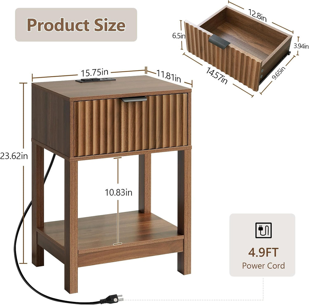 Nasonet Night Stand Set 2, Fluted Nightstand with Charging Station, Wood Beds...