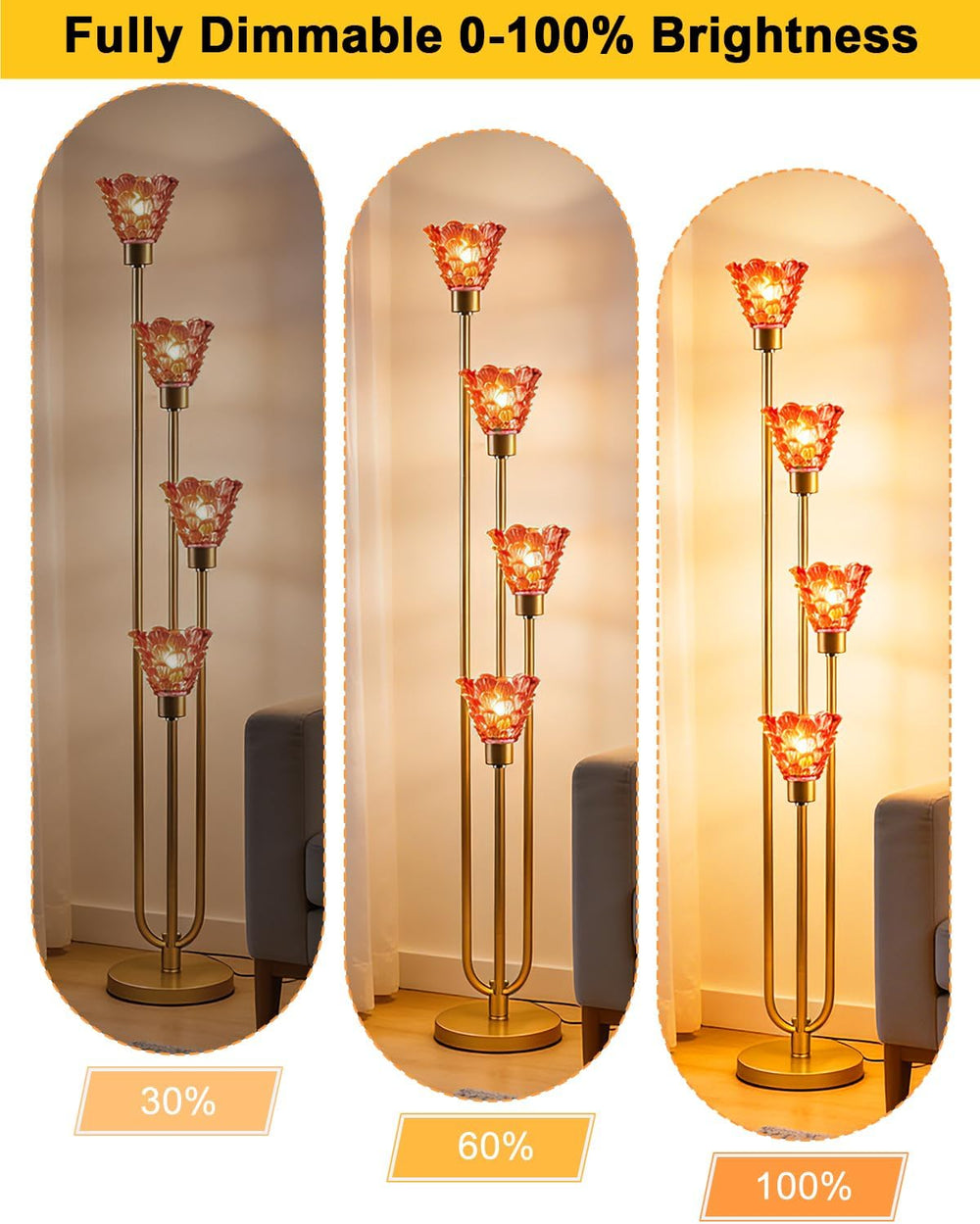 Lightdot Glass Floor Lamp Dimmable 4-Light Red Shade Gold Floor Lamps