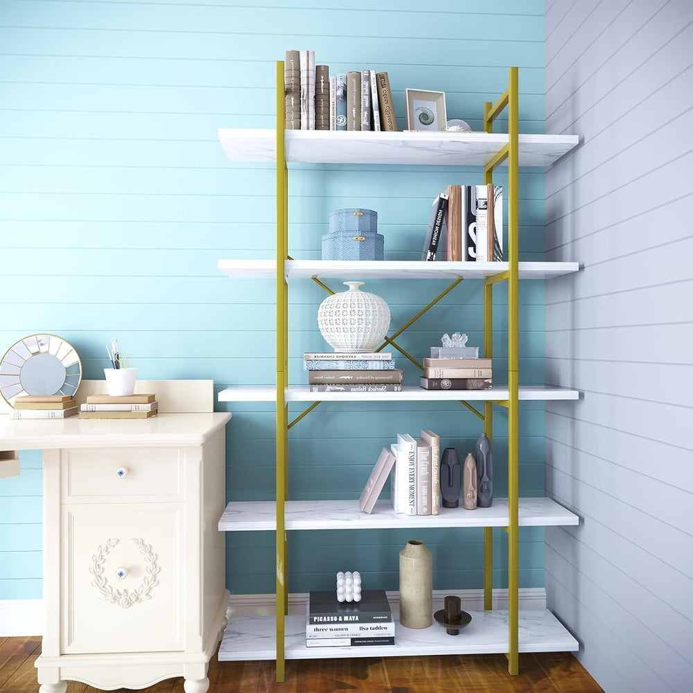 5 Tiers Bookshelf Organizer White Faux Marble Shelf,Modern Open Display Stora...