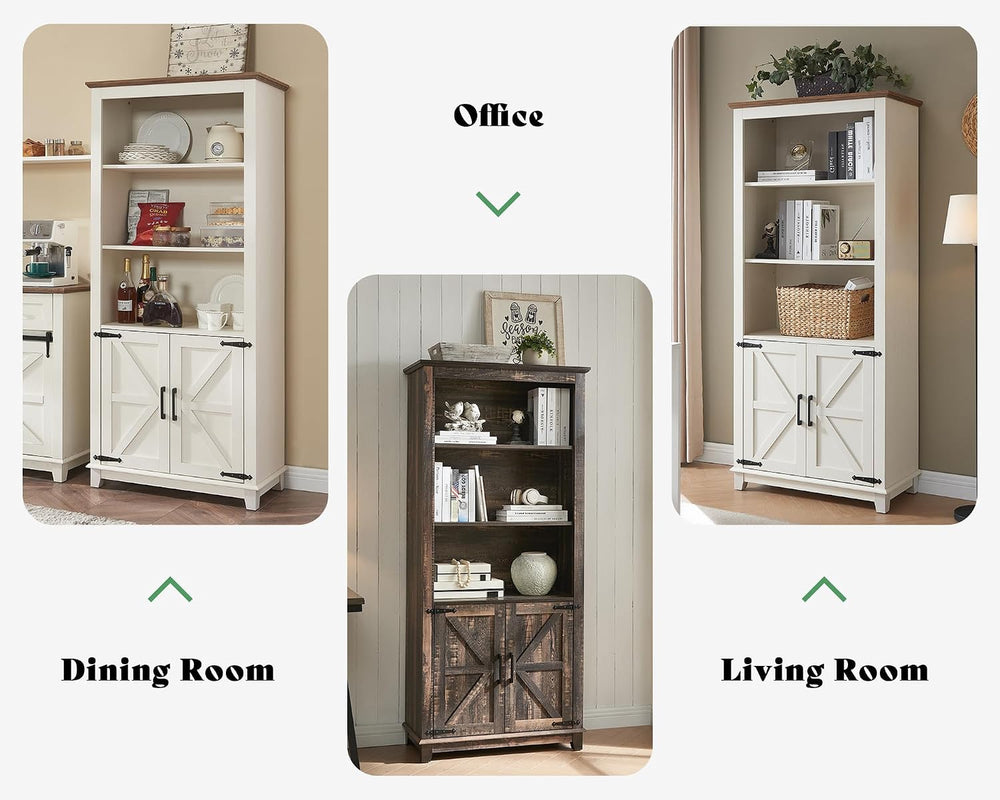 AMERLIFE 5-Tier Farmhouse Bookcase with Barn Door Storage, Rustic White