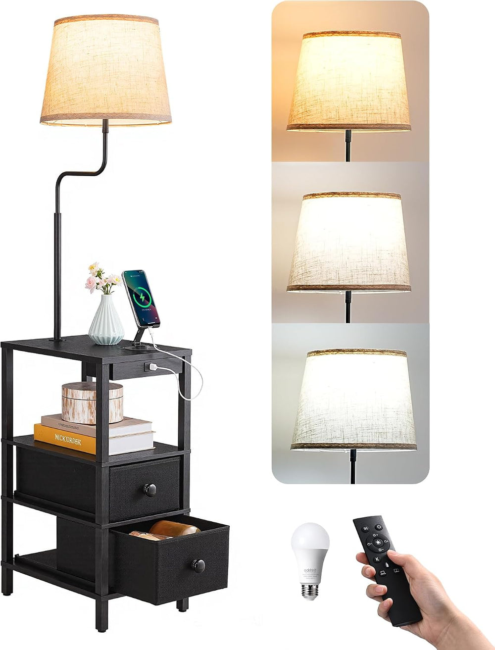 EDISHINE Floor Lamp with Table, Dimmable USB-A+Type-C Ports, Remote, Black