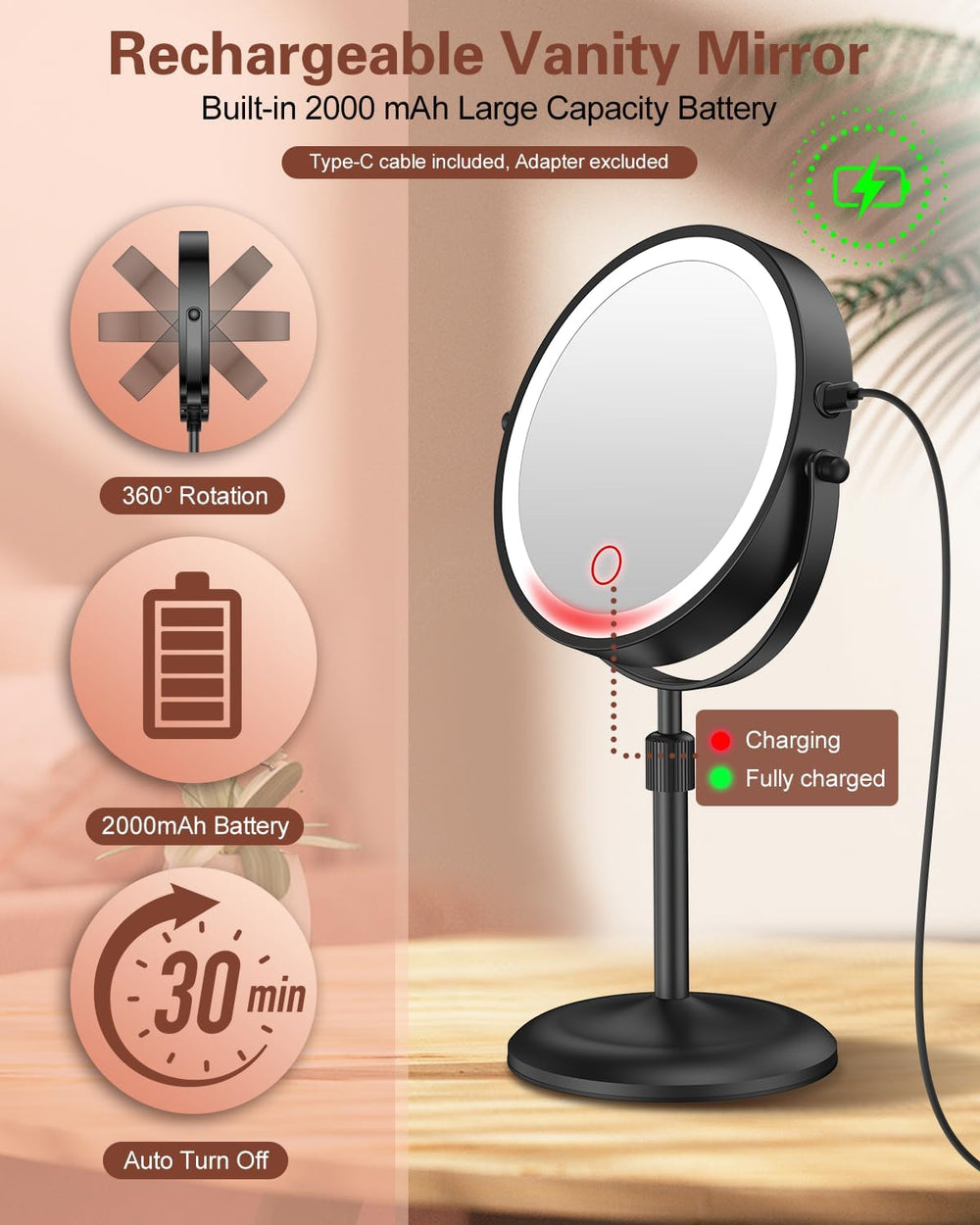 7" Lighted Makeup Mirror with Magnification 10X, Height Adjustable,3 Lights