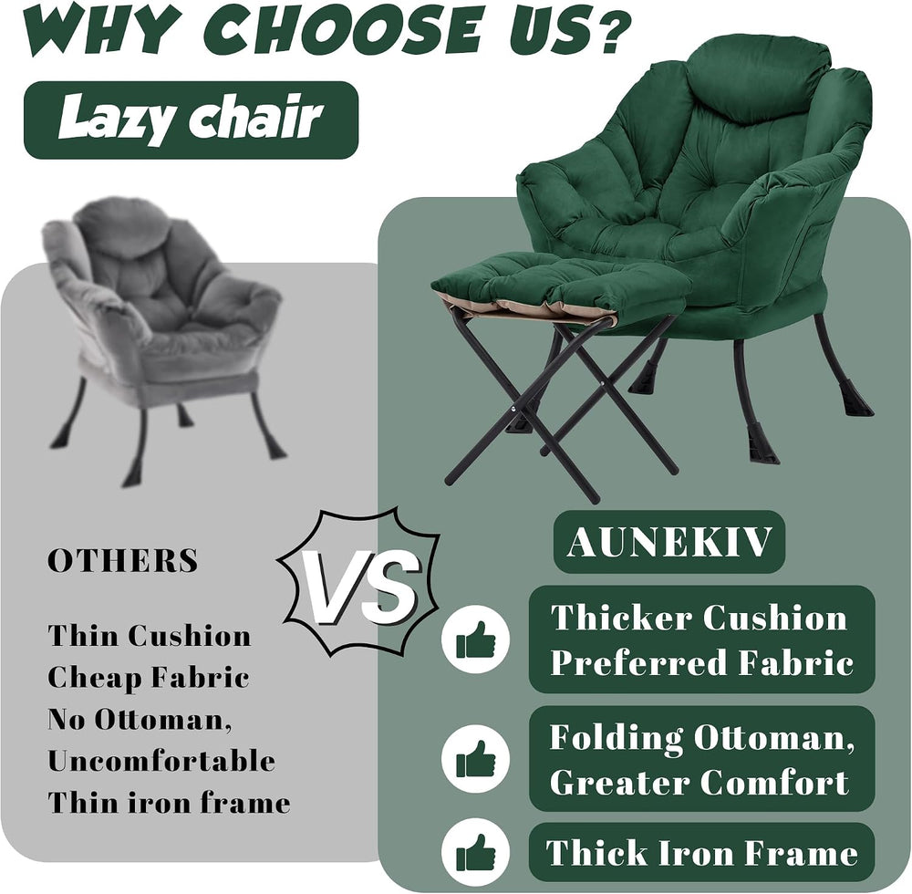 Lazy Chair with Ottoman, Comfy Reading Chair, Emerald Green