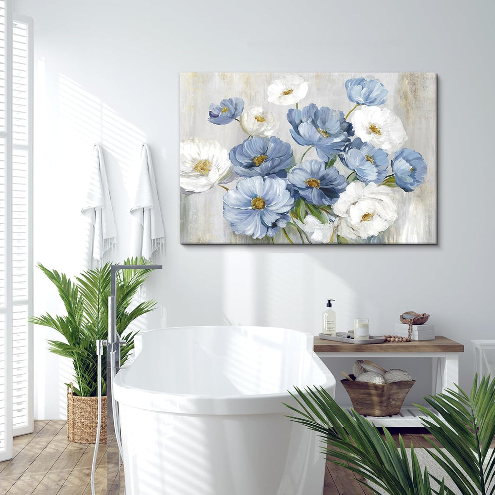Goldfoilart Blue Flower Wall Art Light Blue and White Floral Canvas Print, 36...