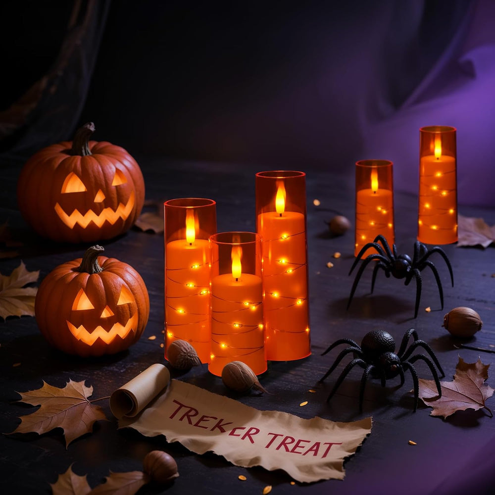 Raycare 9 Pcs Orange Halloween Flameless Pillar Candles with Remote Timer