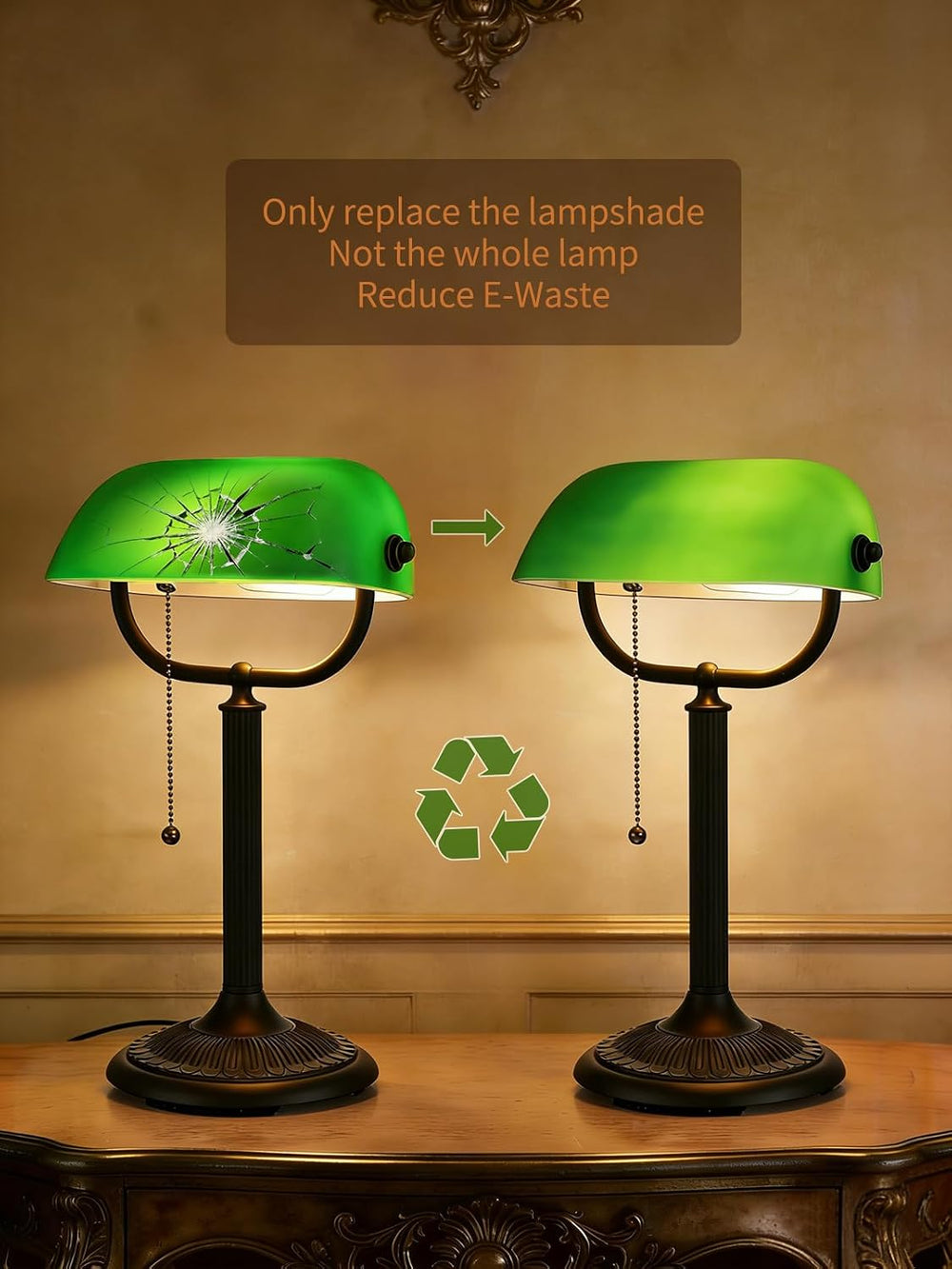 1-Minute Quick-Change Shade Antique Green Glass Bankers Desk Lamp