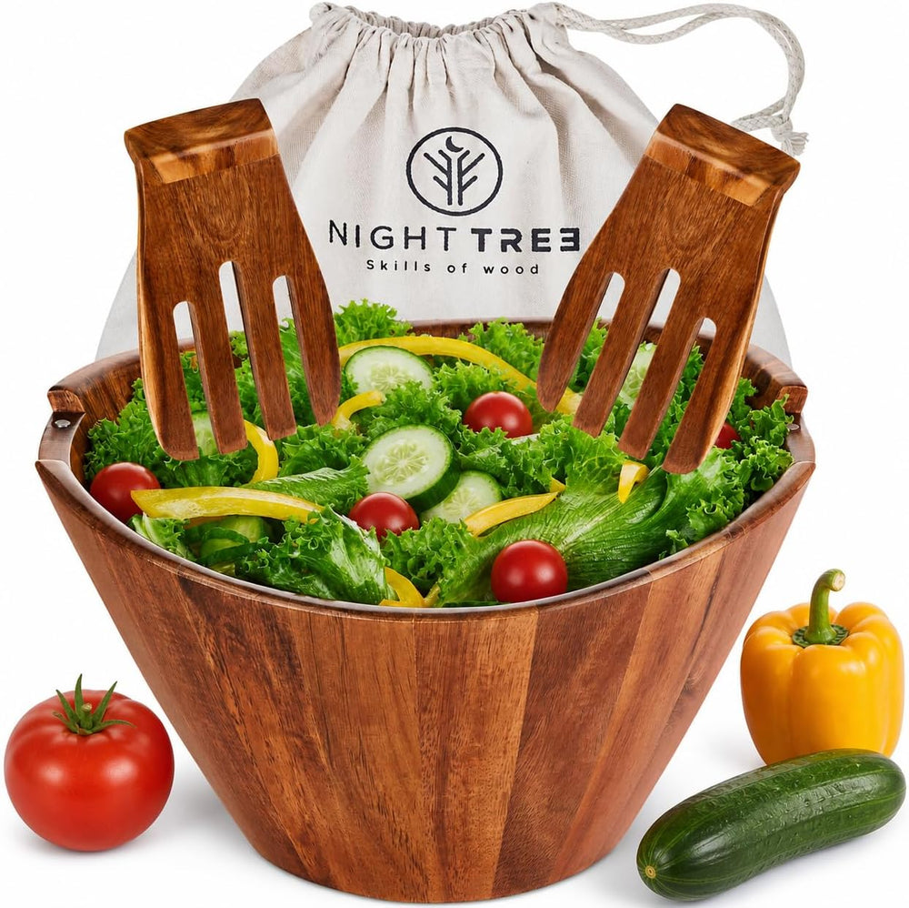 Night Tree Large Wooden Salad Bowl with Serving Utensils, 11.5 Inch Set